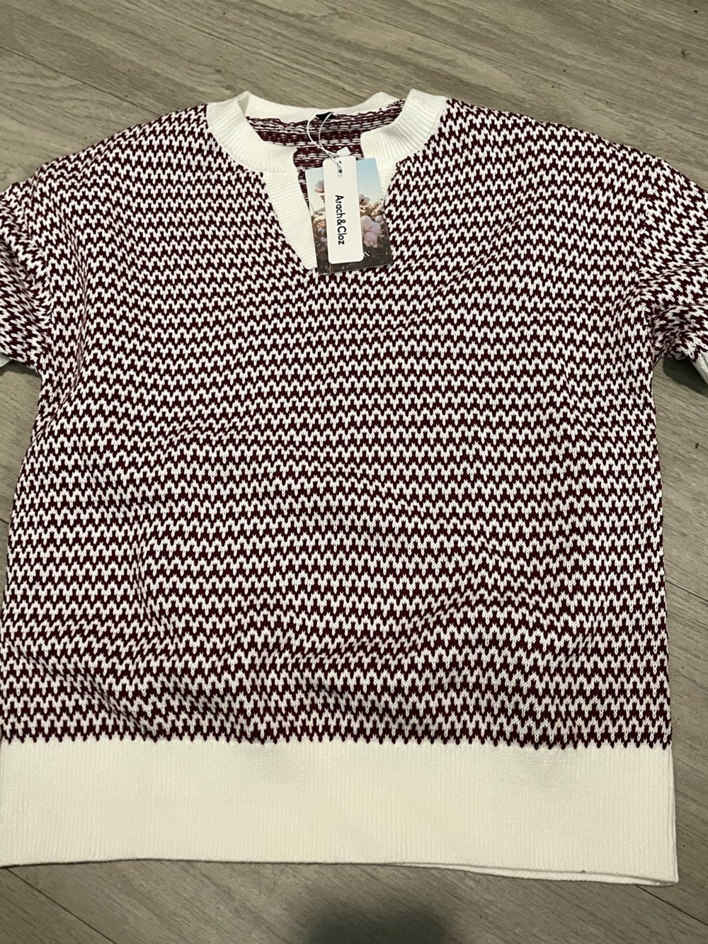 Burgundy and White Short-Sleeve Knit Top